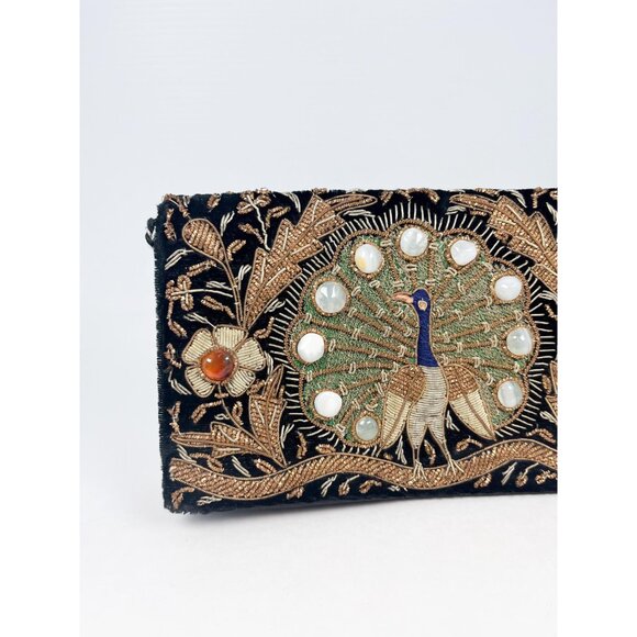 Vintage Zardozi embroidered peacock clutch with gemstone crystals - Picture 2 of 9